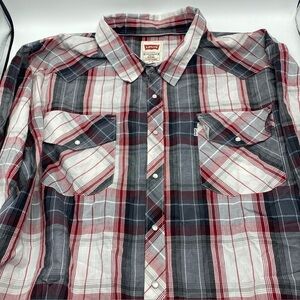 Levis Red Tab Mens Plaid Red Grey Button Pearl Snap Plaid Western Long Sleeve 3X